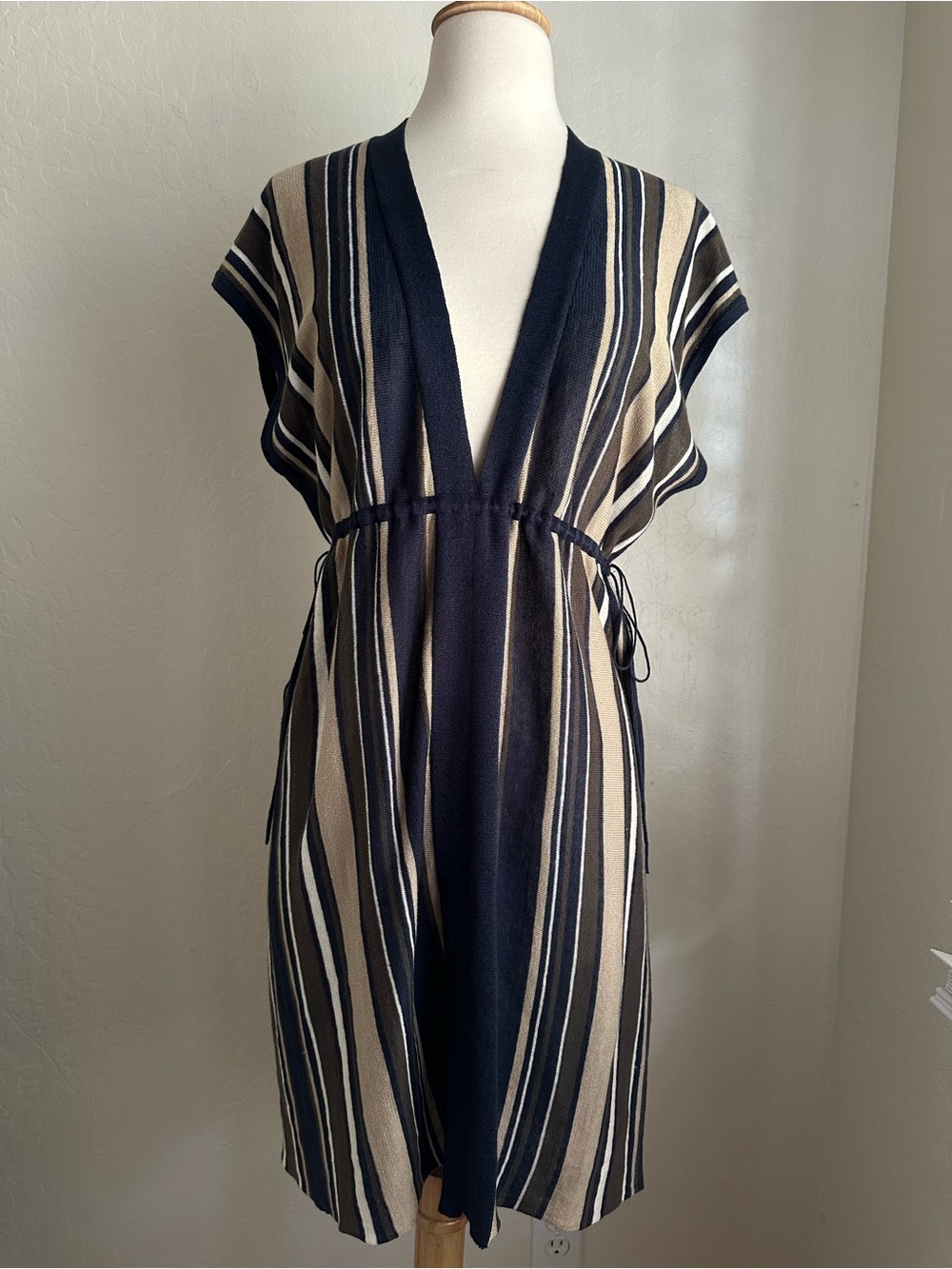 Theory Navy and Cream Striped V-Neck Midi Dress